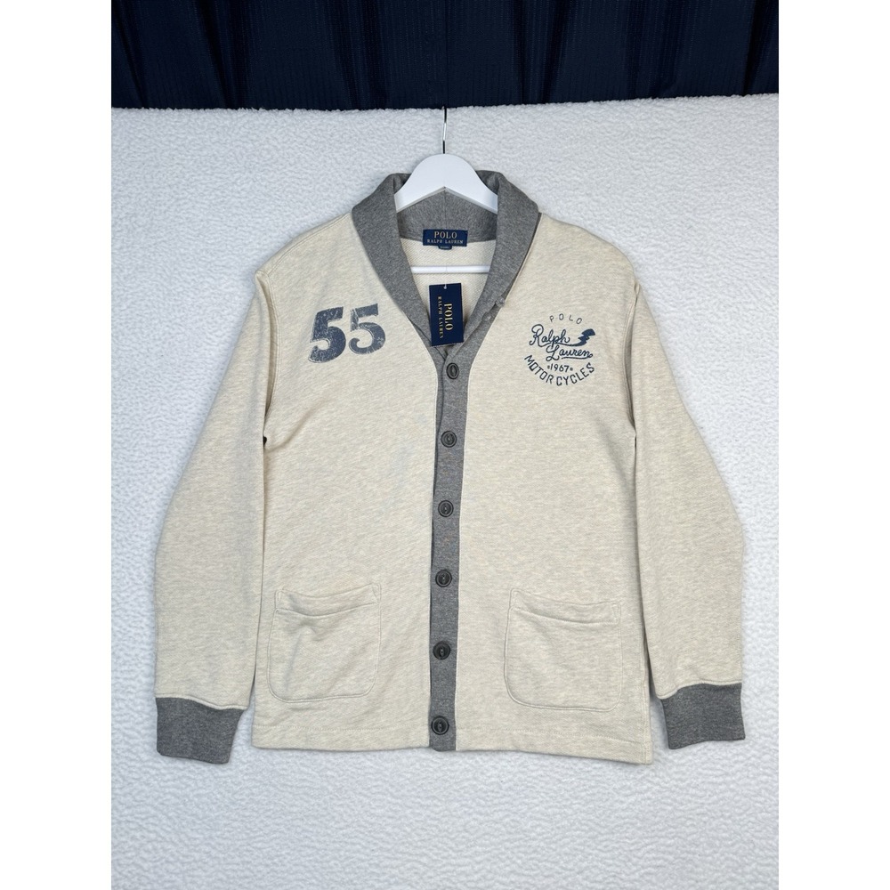 NEW - RALPH LAUREN Cardigan Shawl Sweater - Motorcycles - Youth M(10-12) READ